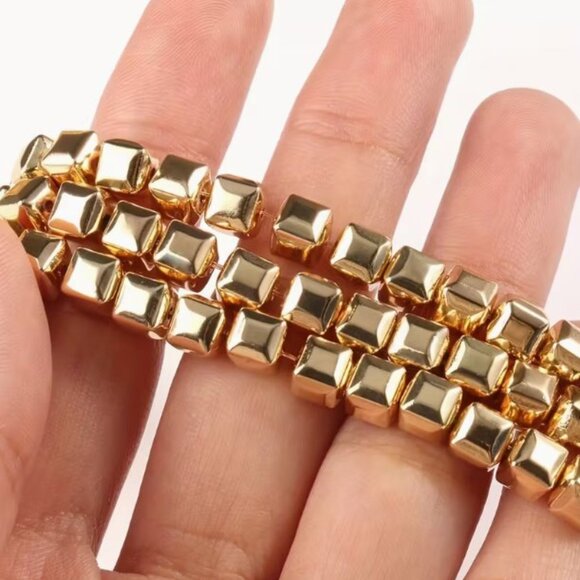 Gold Plated Hematite Beads 6 x 6mm Rounded Cube. 15" Strand - Picture 2 of 2